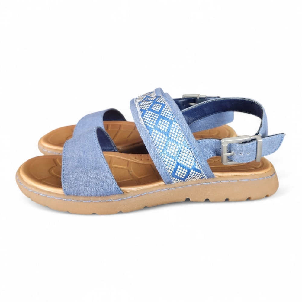 Born BOC Jorunn Blue Denim & Tan Woven Fabric Slingback Sandals Size 9 Women Low